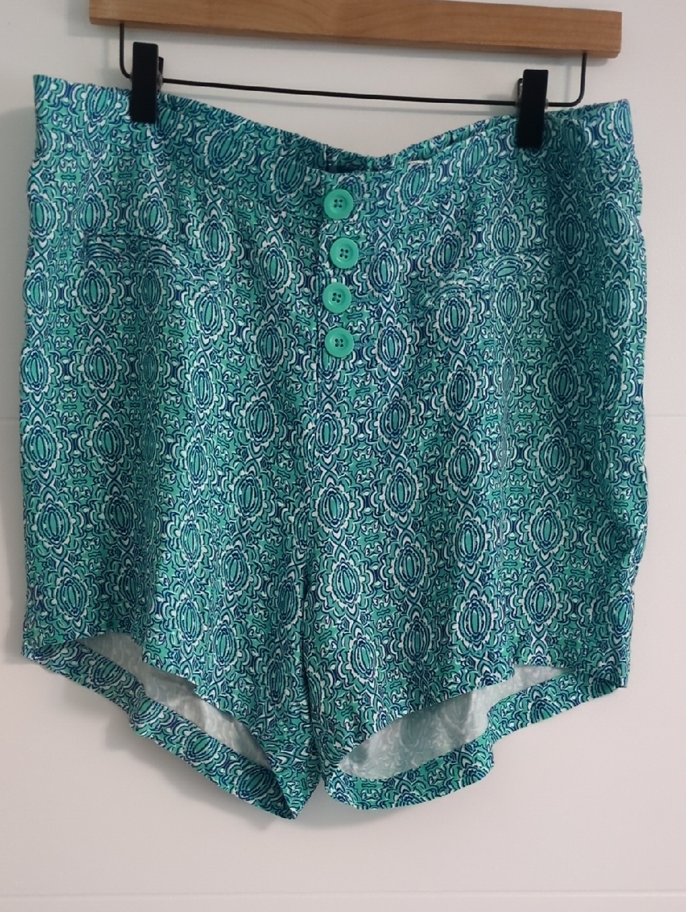 Caribbean Joe Turquoise Patterned High-Waist Button Shorts Sz XL Beach Vacation